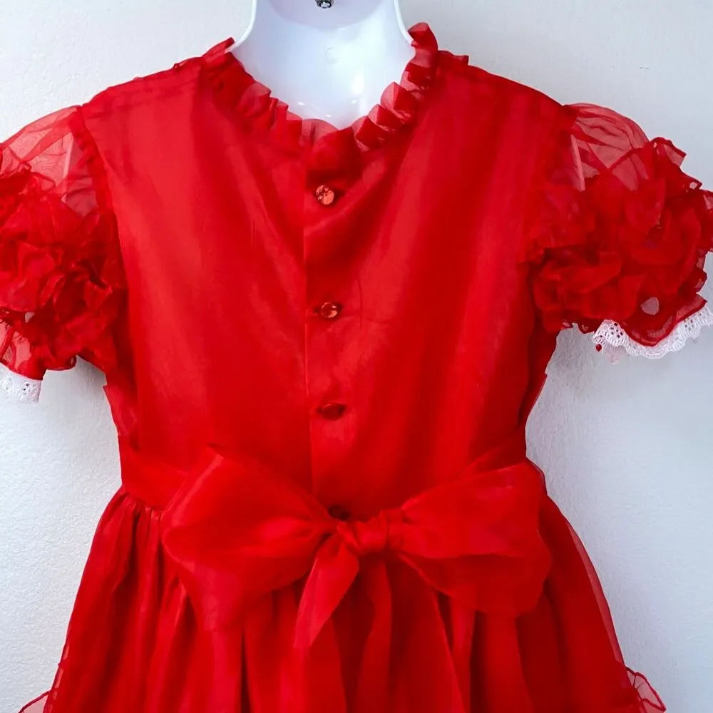 Vintage Girls Red Nylon Chiffon Dress Lace Puff Sleeve Holiday Christmas Size 6